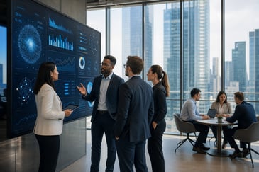 Corporate employees discussing AI governance solutions