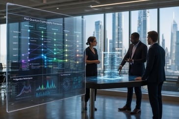 A group of corporate employees discussing post-quantum security.