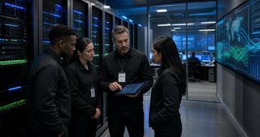 Corporate IT employees stand in a data center discussing AI infrastructure.