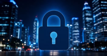 A secure padlock is superimposed over a cityscape, representing zero trust for AI governance
