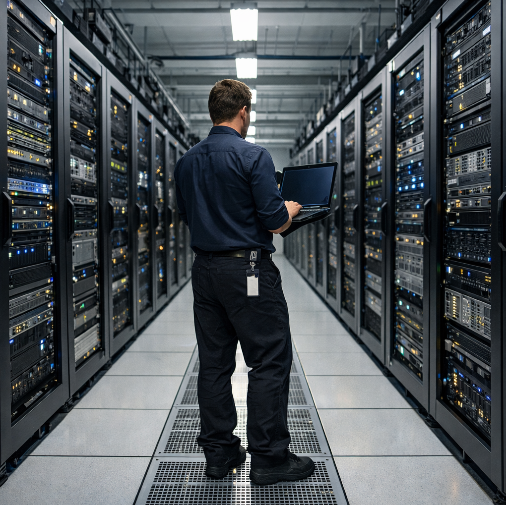 The image shows a person standing in a large data center with rows of server racks on either side The server racks are filled with equipment and the p-1