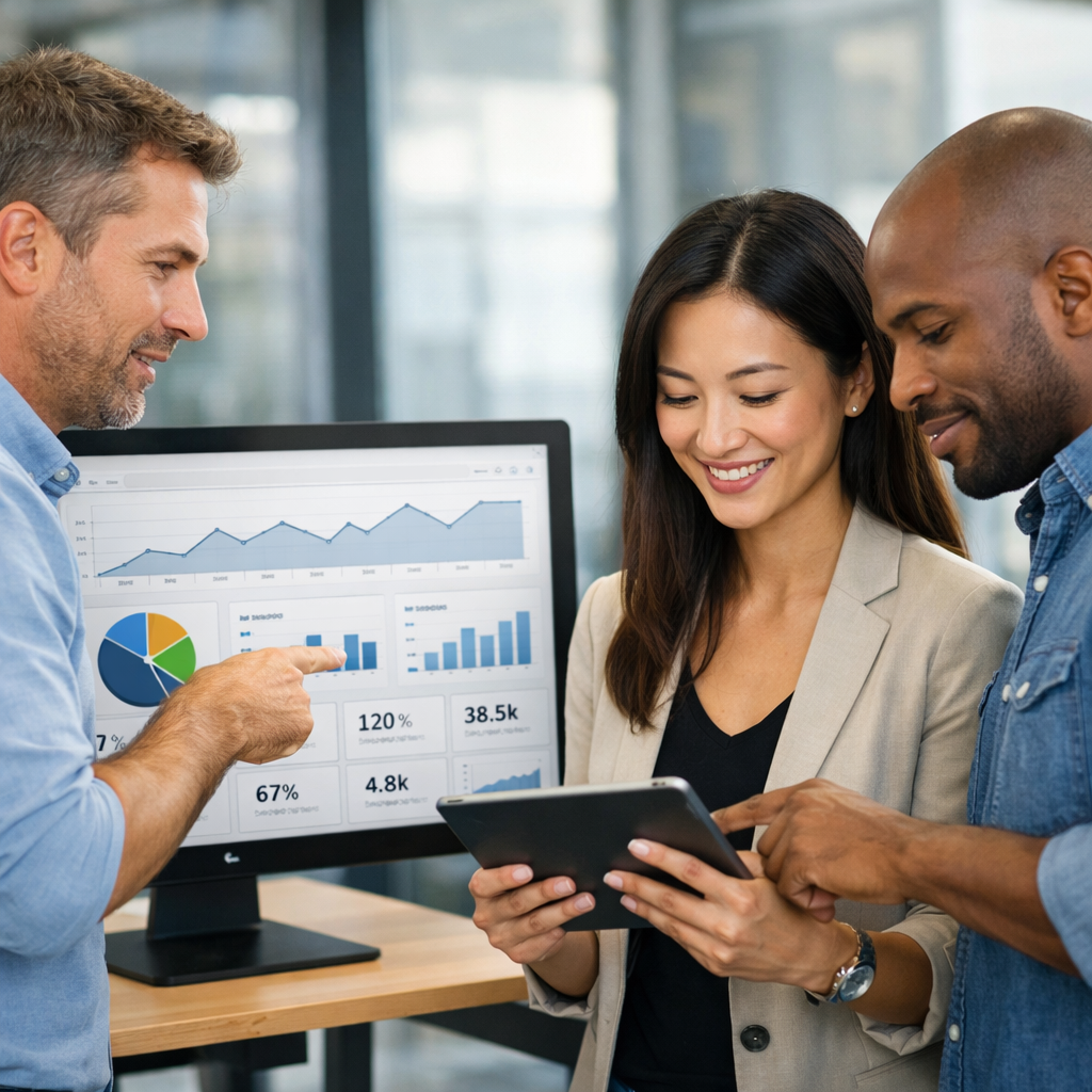 photographic The image shows three individuals in a modern office environment standing in front of a computer monitor displaying a dashboard with vari
